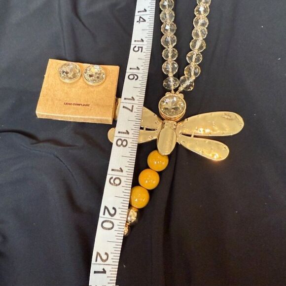 NWT Dragonfly Statement Necklace and Earrings Set Gold Tone Beads Crystals - Picture 11 of 12